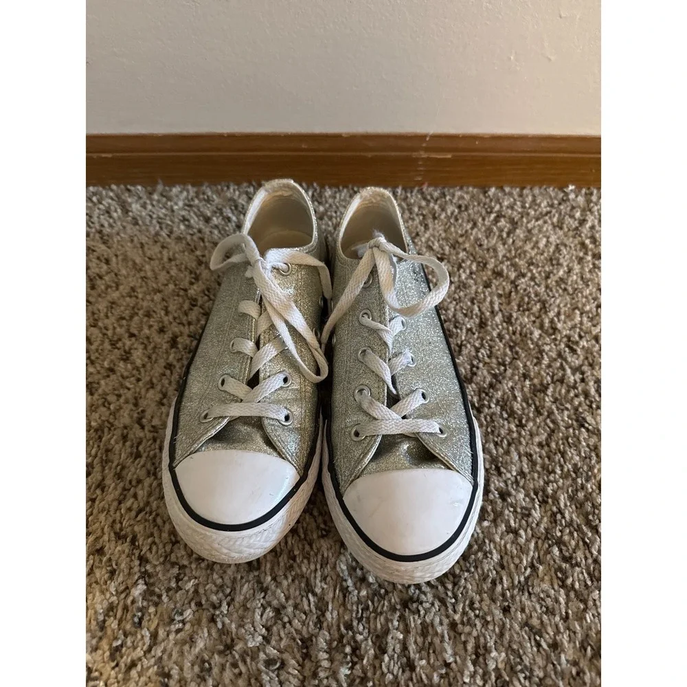 Converse All-Star Junior Chuck Taylor Silver Glitter Low Sneakers #641727C Sz 3